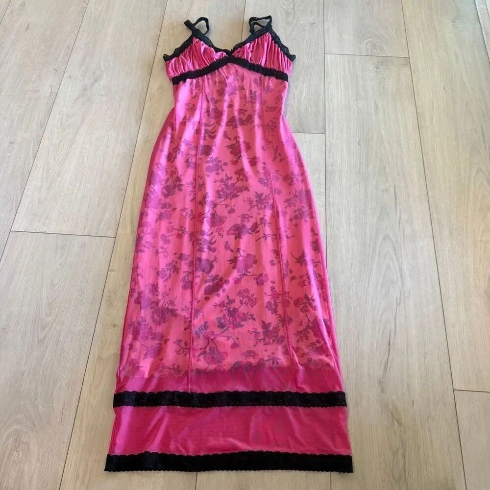 Urban Outfitters Olivia Mesh Lace-Trim Midi Dress SMALL PINK BLACK floral